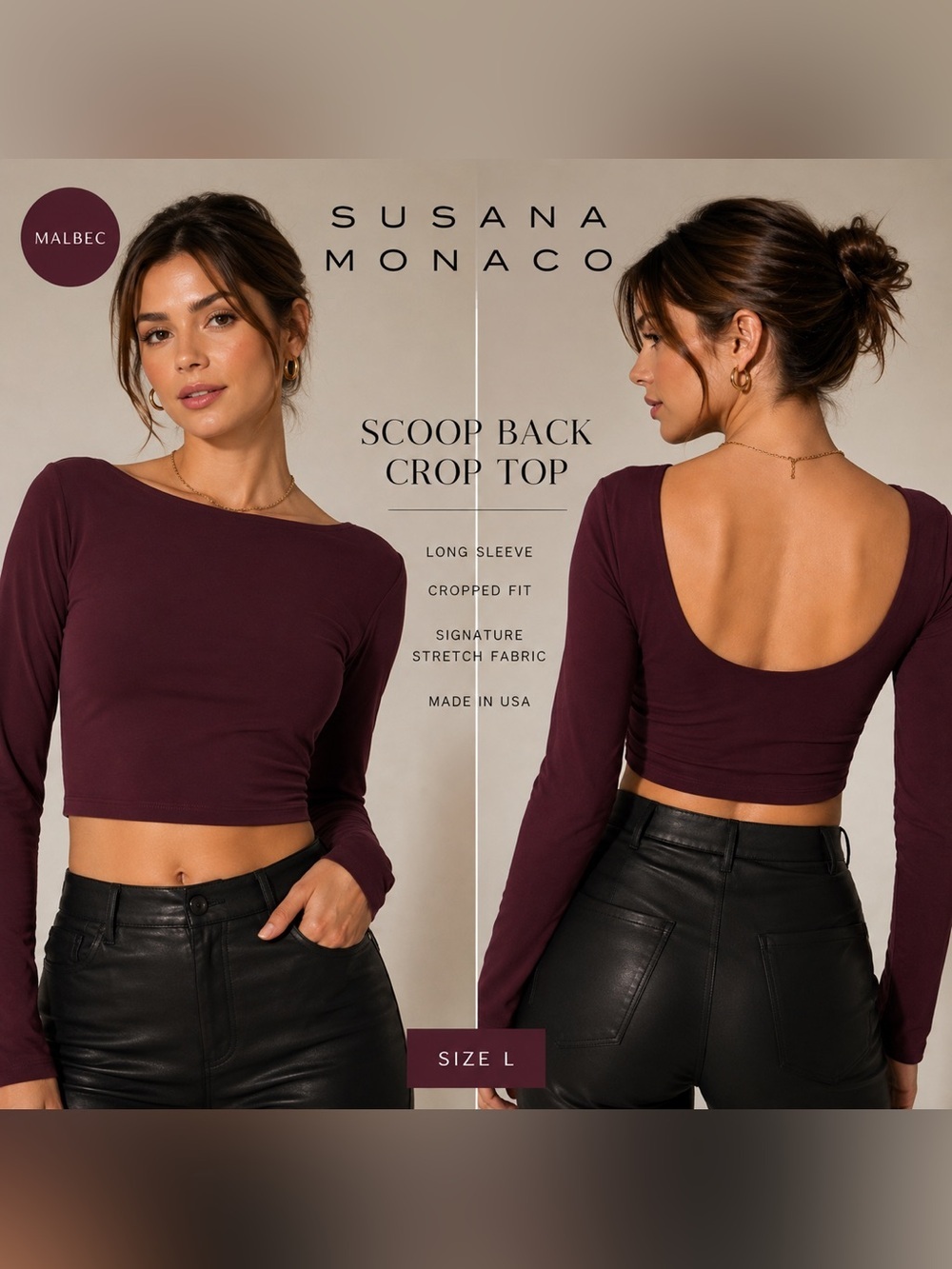 NWT Susana Monaco Scoop Back Crop Top Malbec Burgundy Long Sleeve Size L